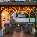 7 Piece Wicker Patio Set Brown with Blue Cushions - Fire Pit
