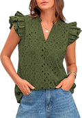 Women Summer Eyelet V Neck Ruffle Cap Sleeve Cotton Top - Boho Lace