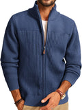 Men's Full Zipper Stand Collar Cardigan Sweater - Ribbed Knit