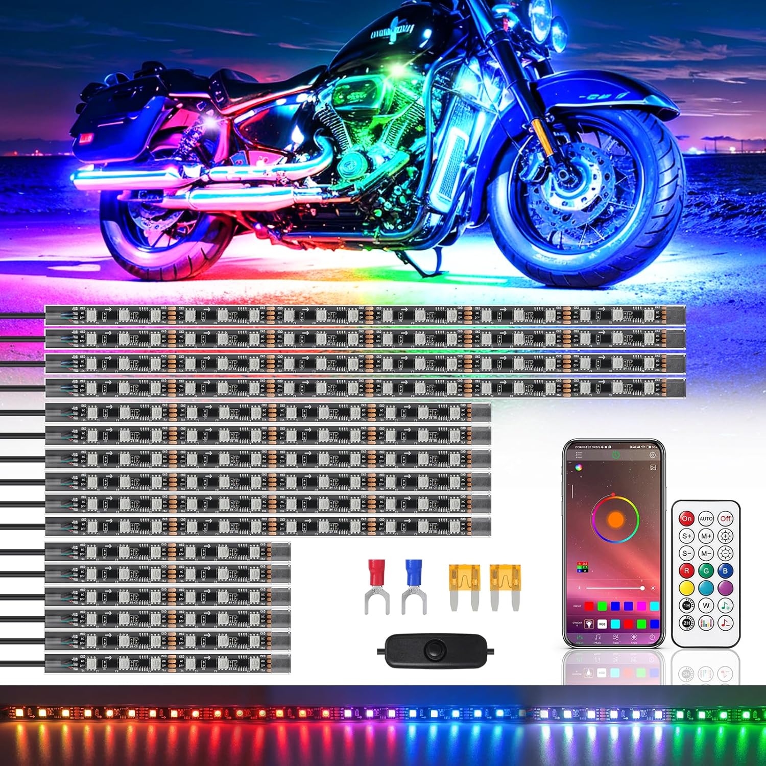 16PCS Motorcycle RGB LED Lights Kit with APP and RF Remote