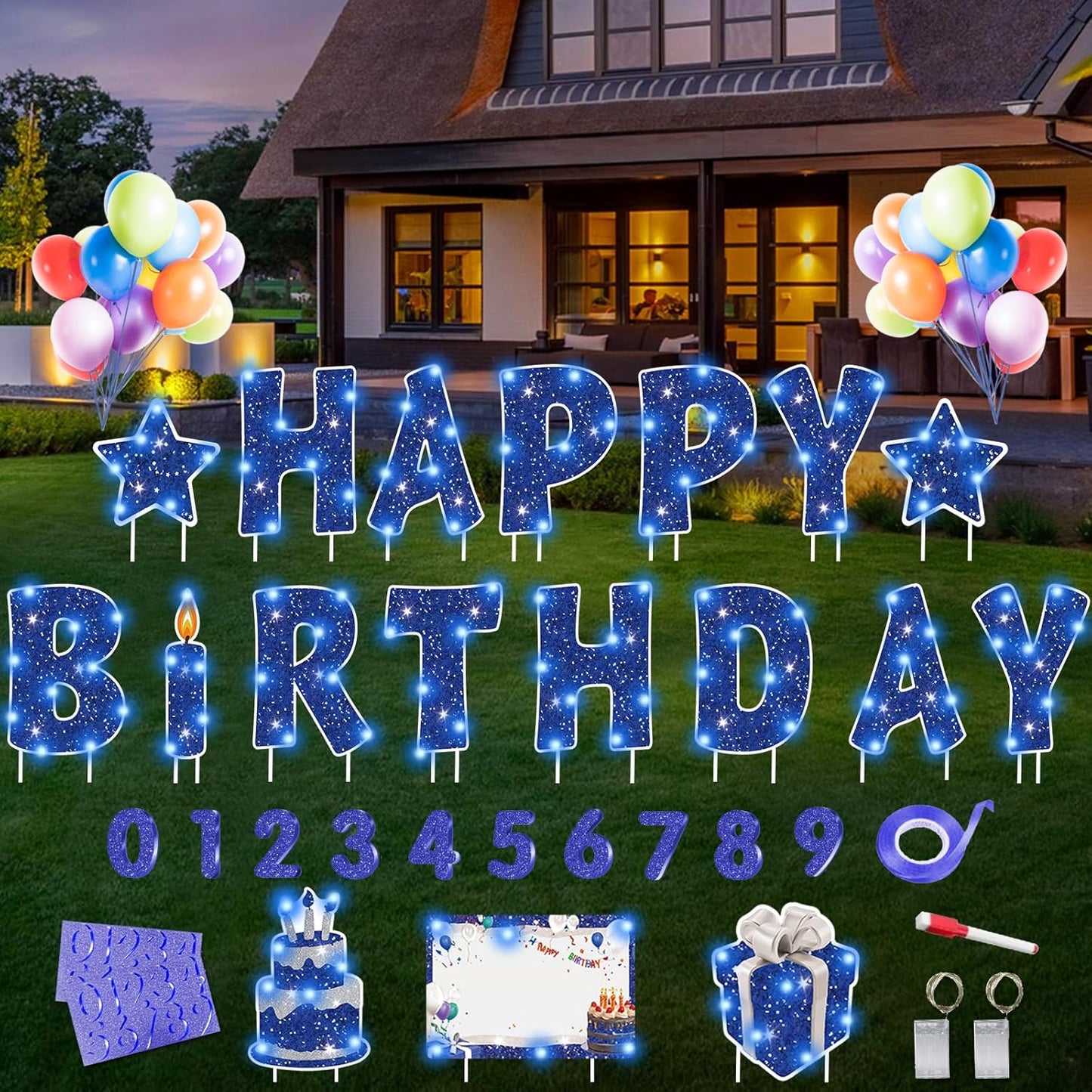 18 Pcs Happy Birthday Yard Sign Set with LED Lights for Parties