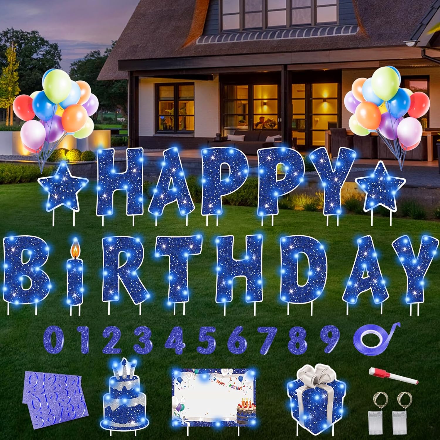 18 Pcs Happy Birthday Yard Sign Set with LED Lights for Parties