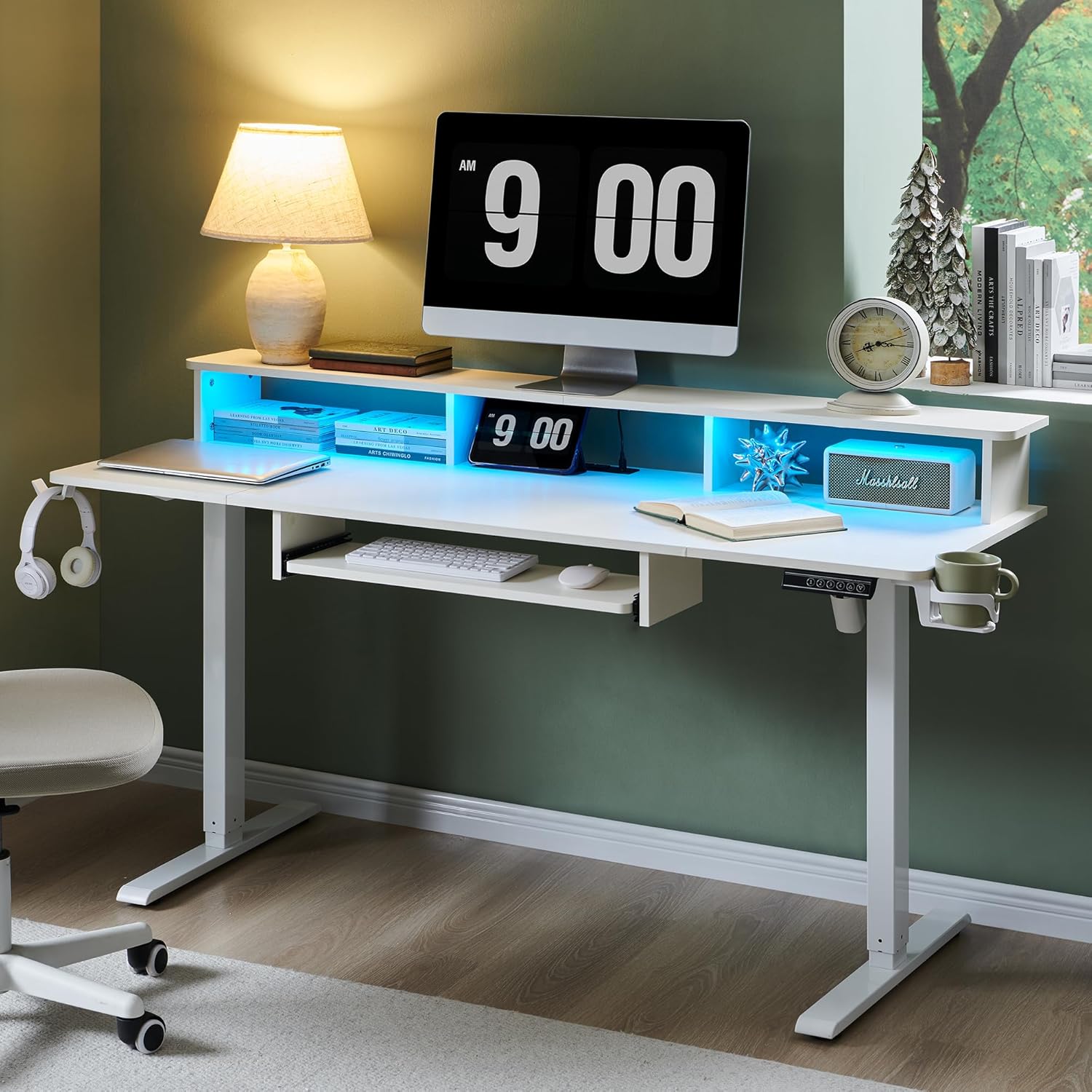 Height-Adjustable Gaming Desk with Power Outlets & LED Lights