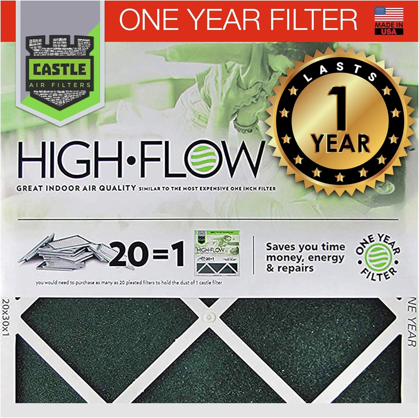 No Toil Castle One-Year HVAC Furnace Filter, 20 x 25 x 1 in