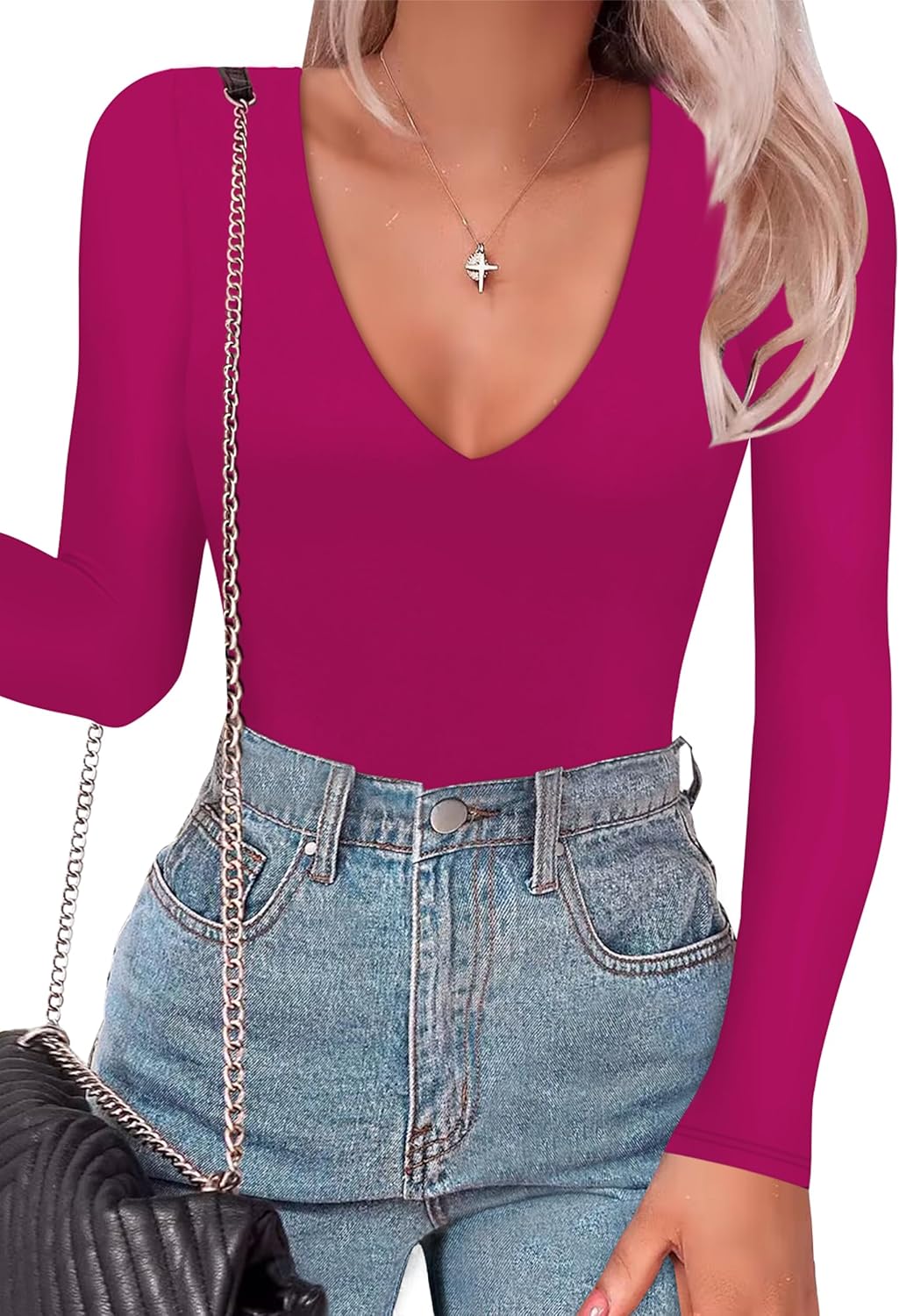 Plunge Deep V Neck Long Sleeve Bodysuit for Women - Sexy Style