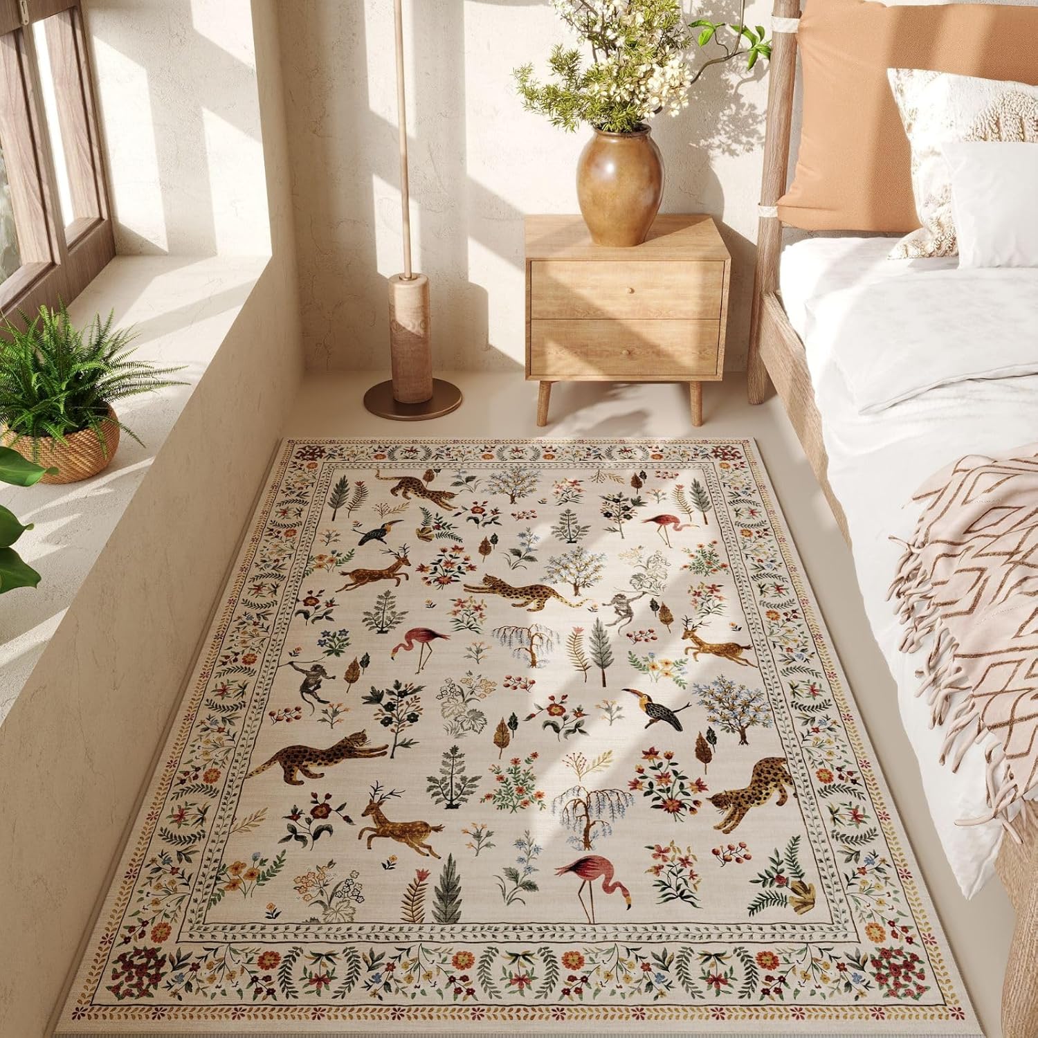 Boho Floral Animal Bedroom Rug 3x5 Washable Non Slip Carpet