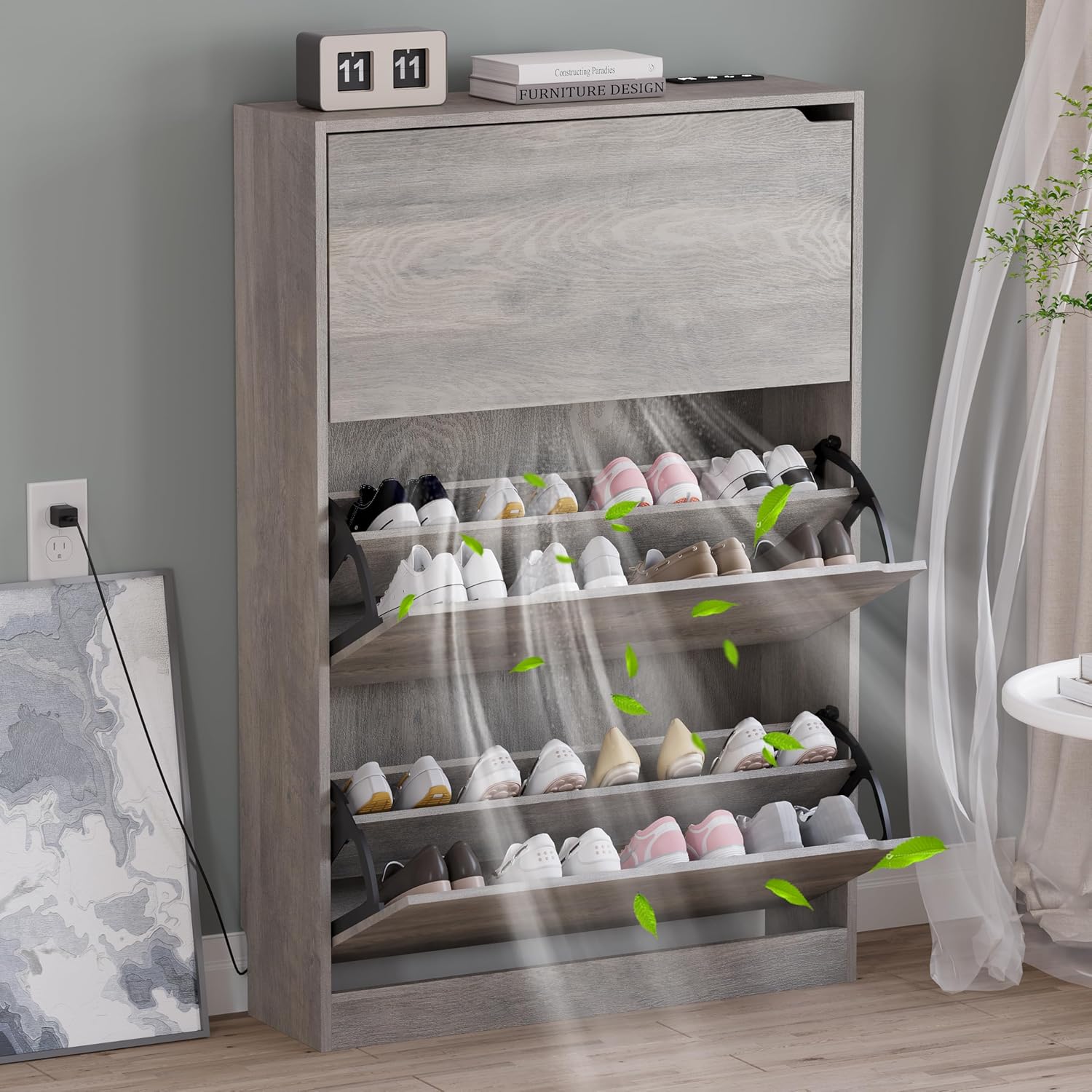 Shoe Cabinet with Odor Control and Adjustable Shelves for Entryway