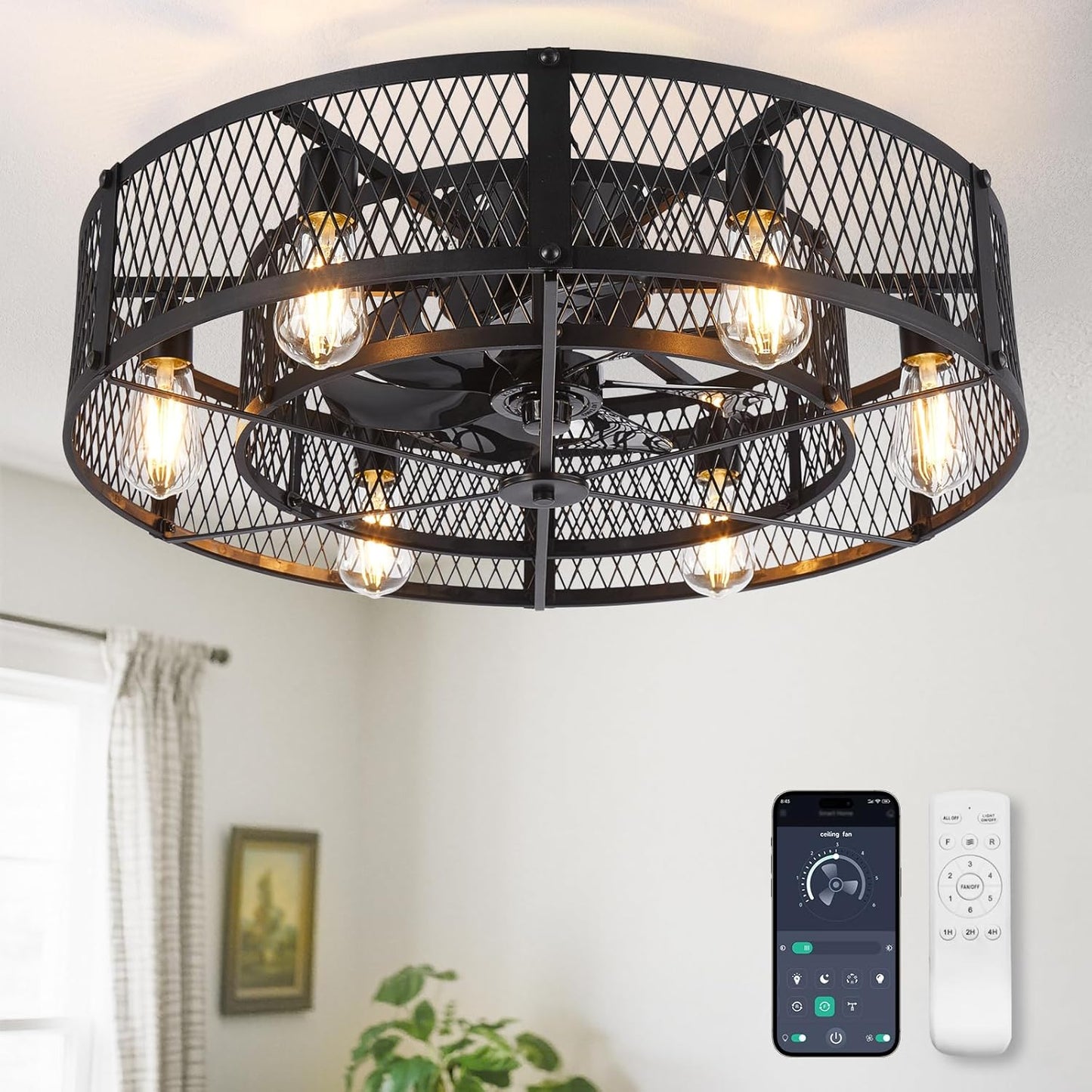 Caged Ceiling Fan with Light: 26 Inch Remote Control Fan