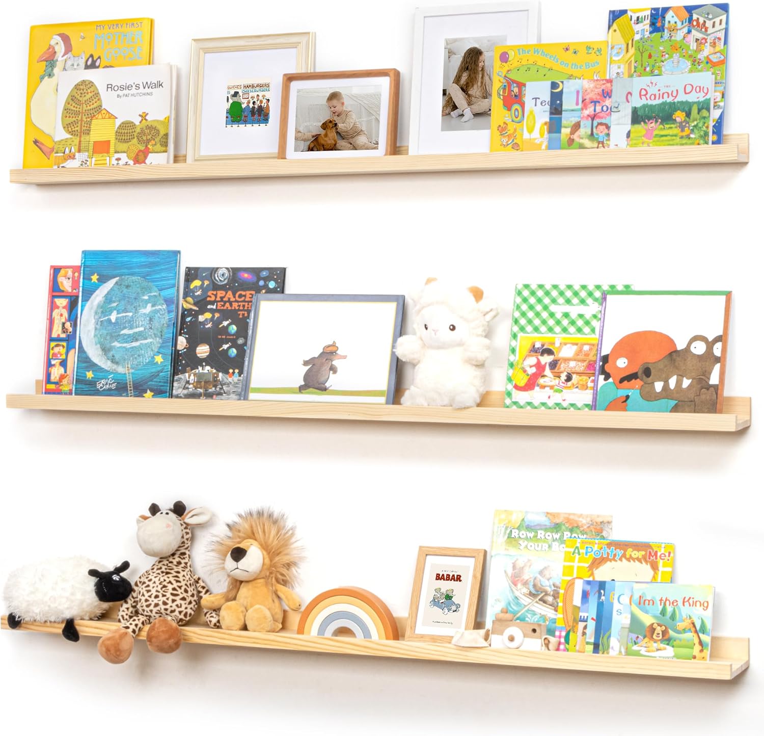 Pine Wood Nursery Book Shelves 3 Pack for Kids' Room Decor