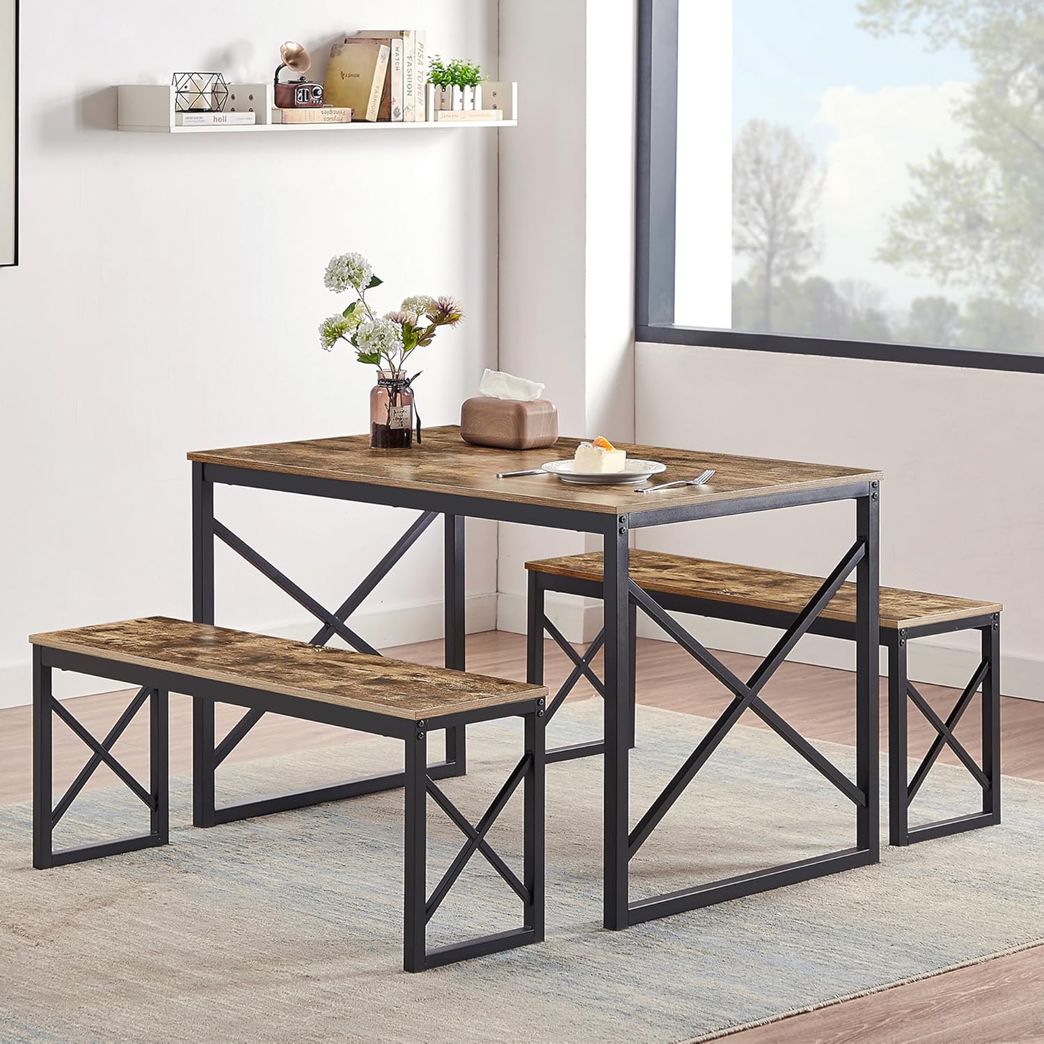 VECELO Kitchen Table Set with Benches for Small Spaces