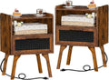 Brown Rattan Nightstands Set of 2 with Charging Station - Boho Bedside