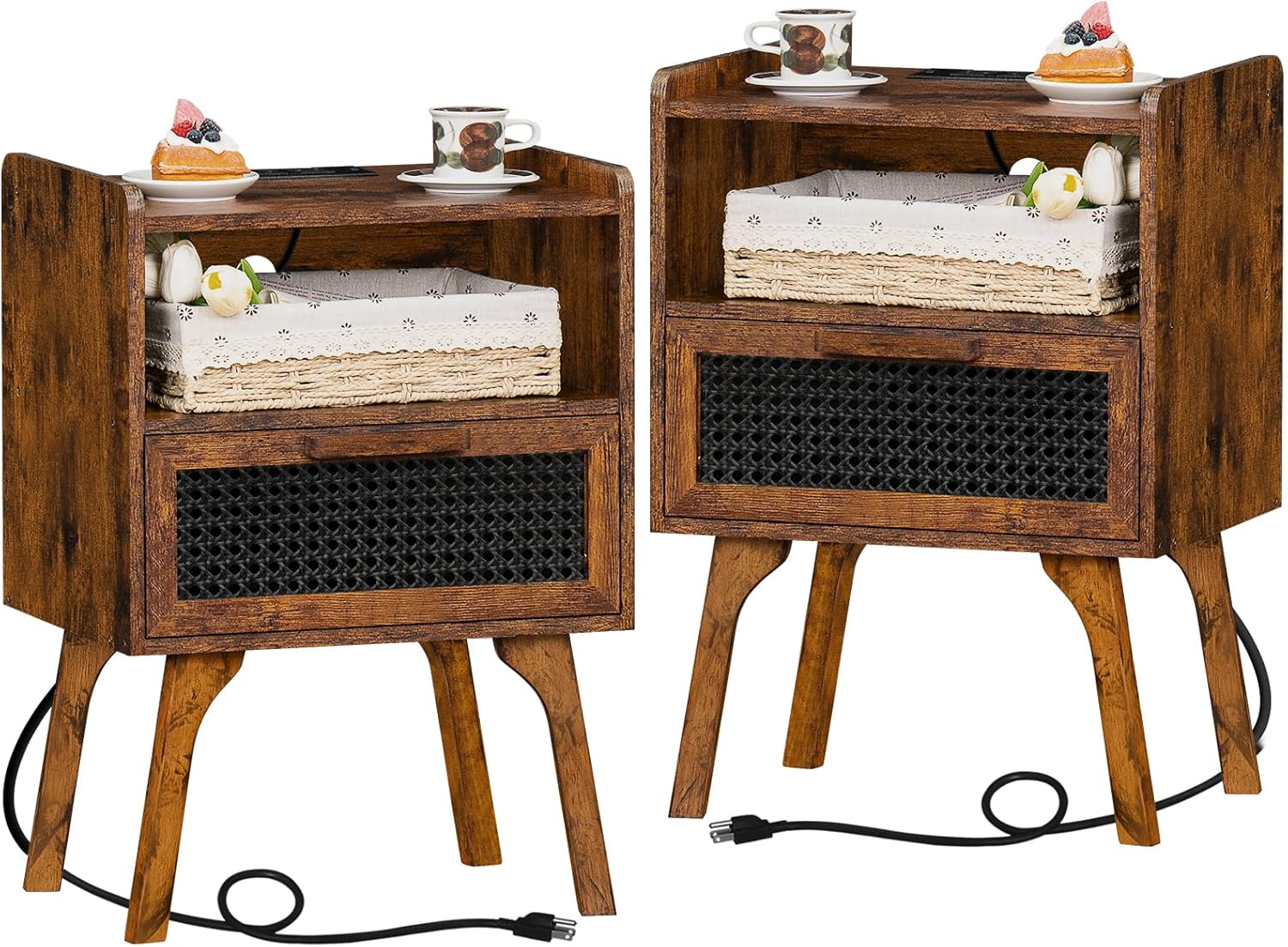 Rattan Nightstands Set of 2 with Charging Station for Bedroom