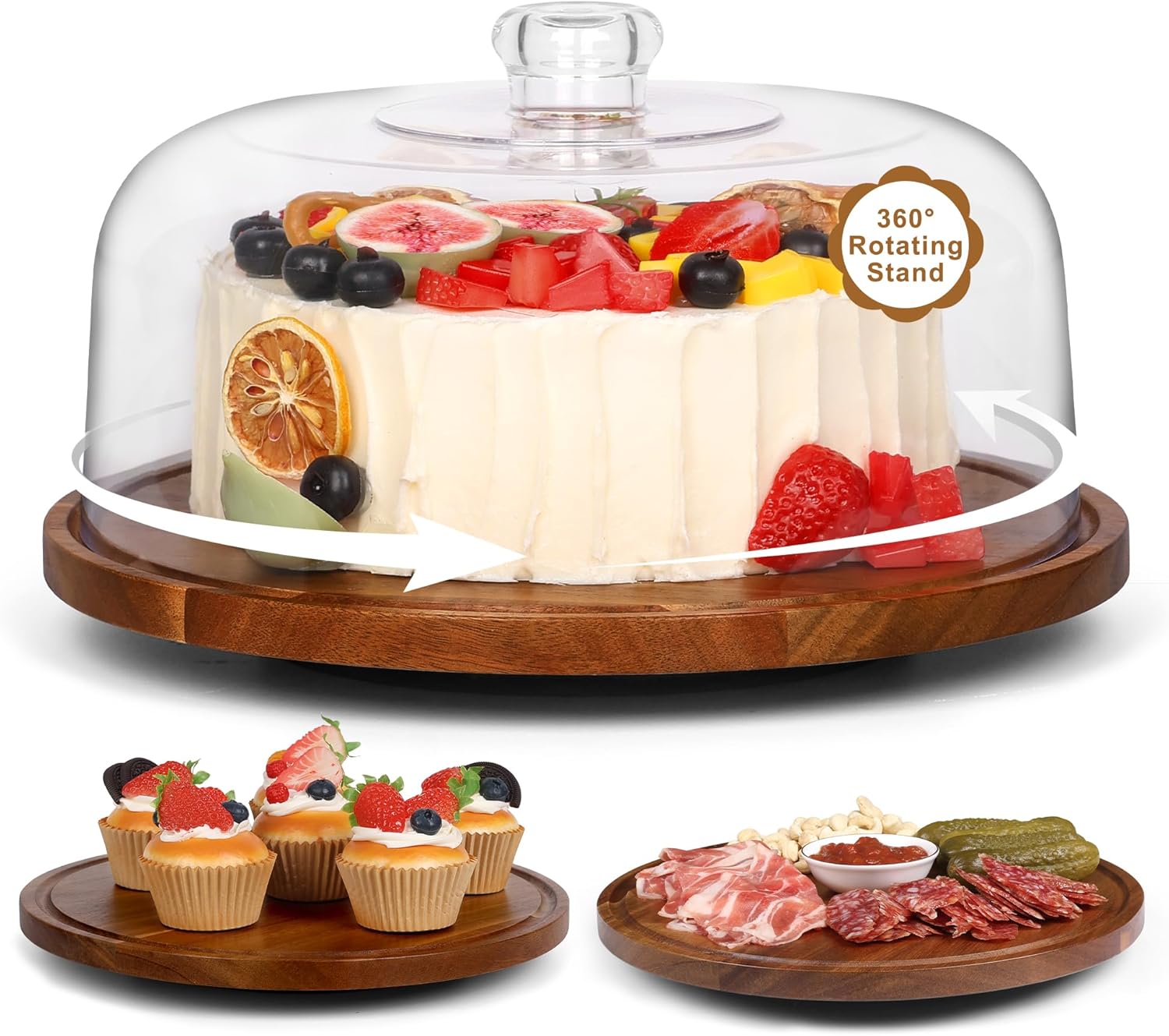 Bellsal 12in Acacia Wood Cake Stand with Dome Lid for Parties
