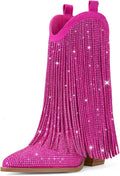 Cowgirl Rhinestone Boots for Women Pink Suede - Sparkly Fringe 2.76in