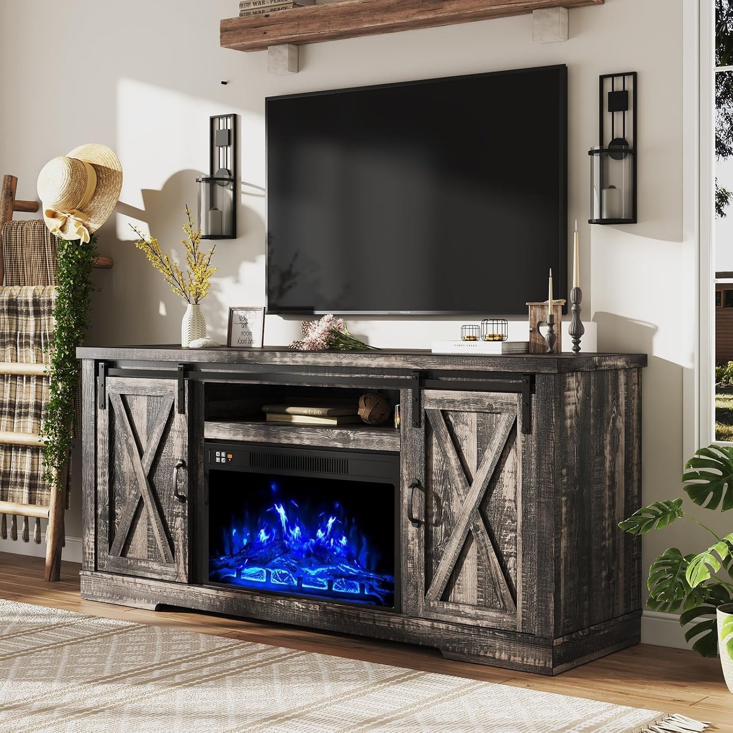 Fireplace TV Stand with Sliding Barn Door for TVs up to 73 in