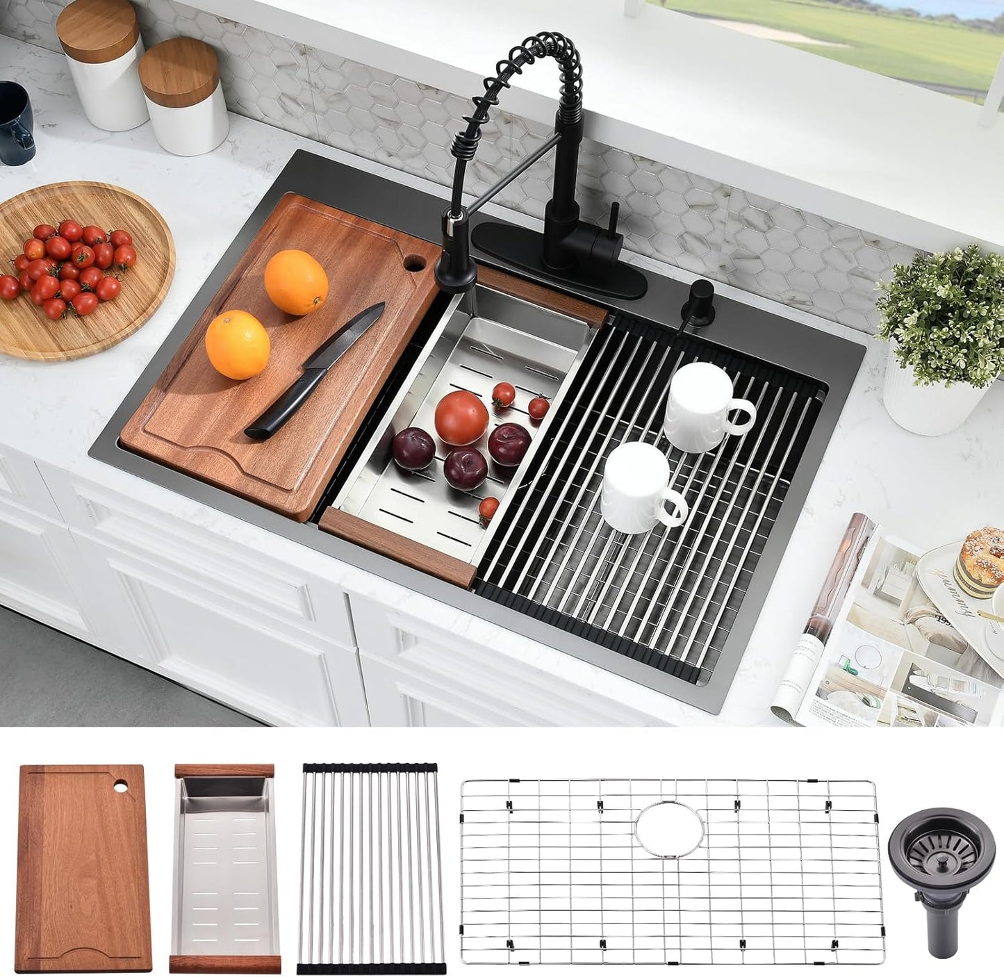 33x22 Drop In Kitchen Sink Black - Spacious Workstation Design