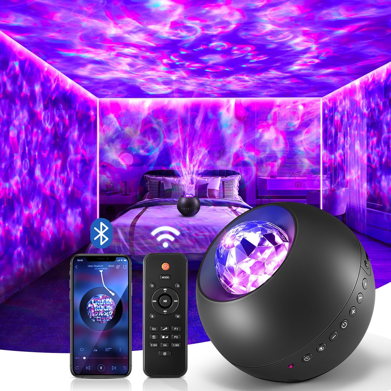 COOLNIGHT Galaxy Projector: 210 Light Effects, White Noise, Bluetooth, Remote Control