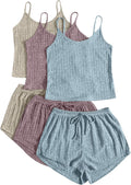 Women's Ribbed 3-Piece Pajama Set - Sleeveless Crop Top & Tie Shorts