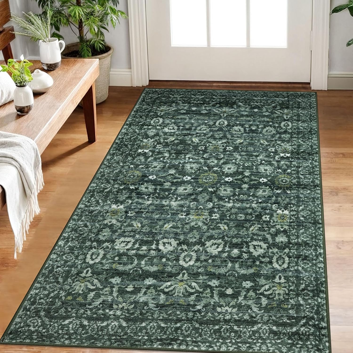 Vintage Floral 3x5 Rug - Dark Green Non-Slip Area Rug for Home