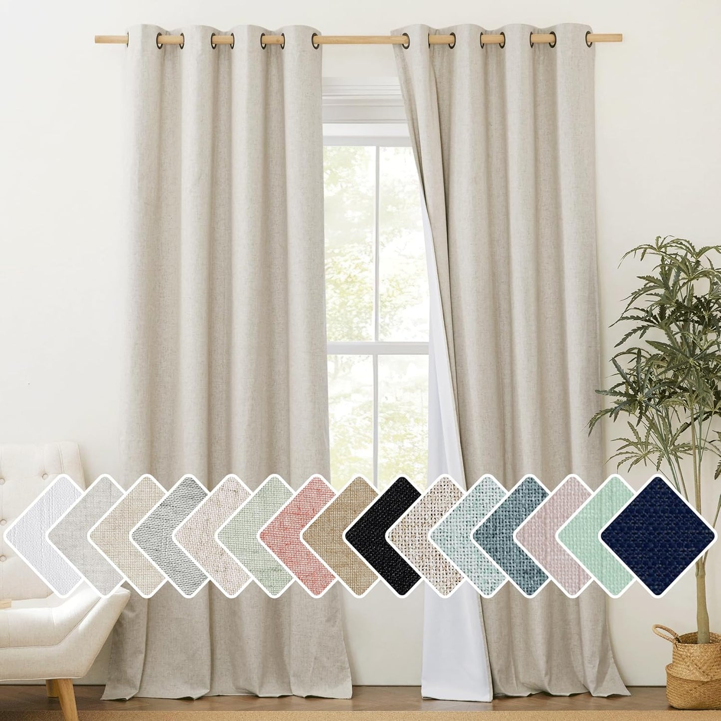 NICETOWN Full Blackout Natural Linen Curtains for Living Room