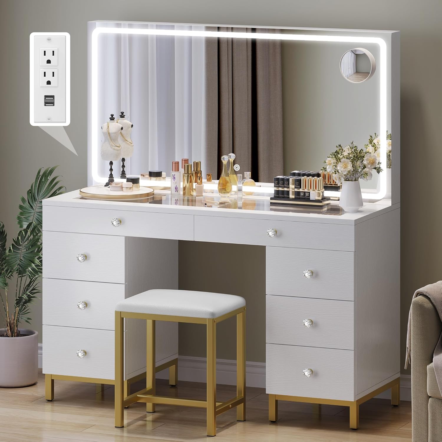 YITAHOME 48 Large Makeup Vanity with Lights & Charging - White