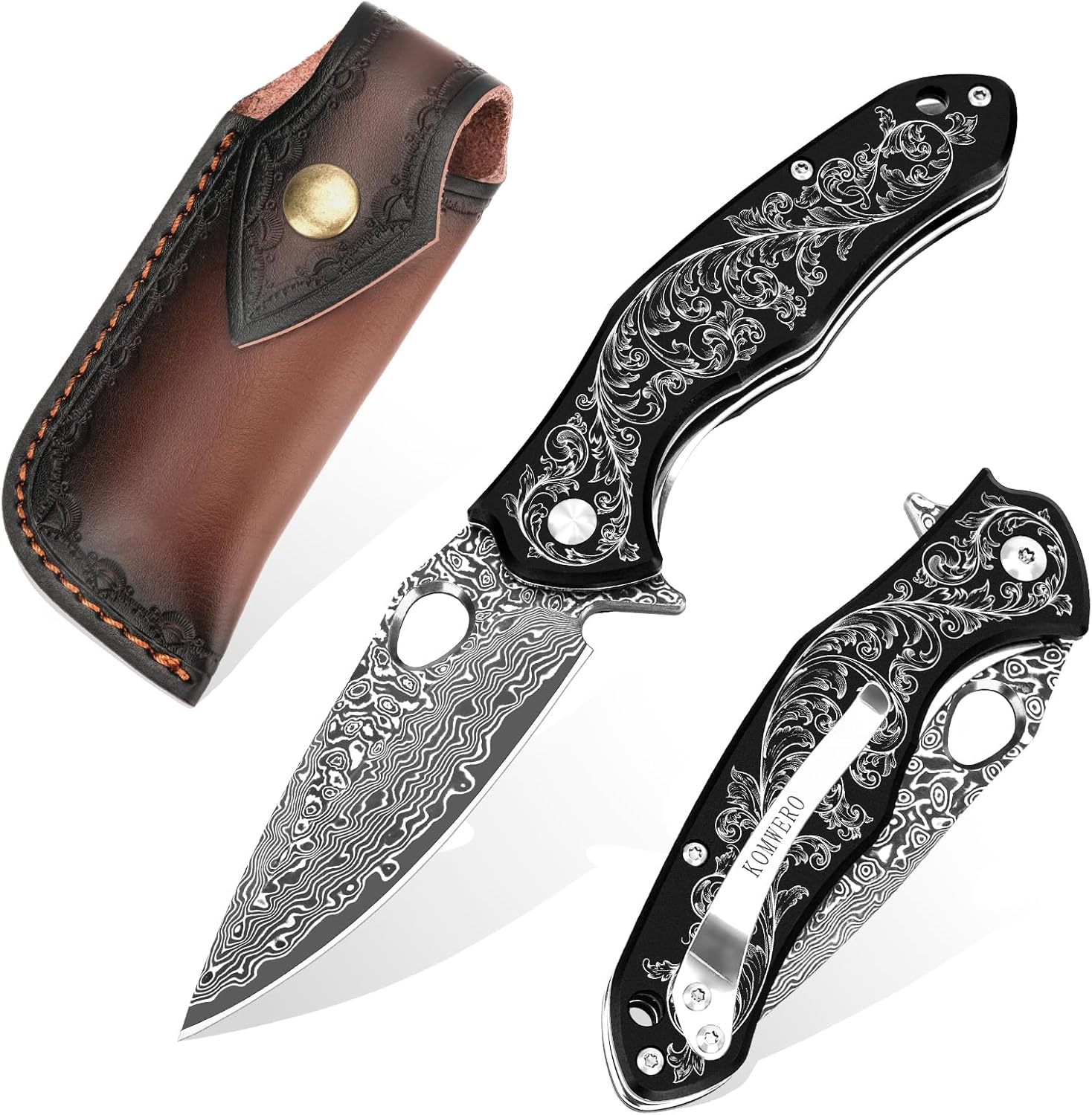 KOMWERO Damascus Pocket Knife with VG10 Blade for EDC Use