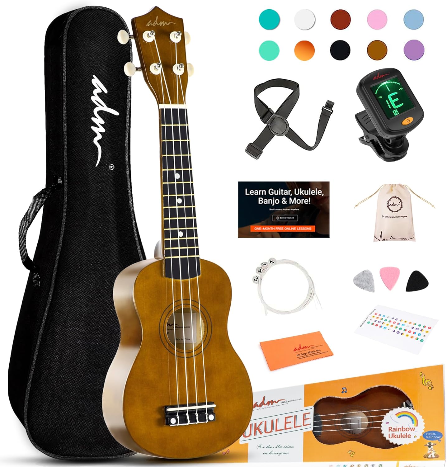ADM Ukulele for Beginners - 21 Inch Hawaiian Wood Ukelele Kit