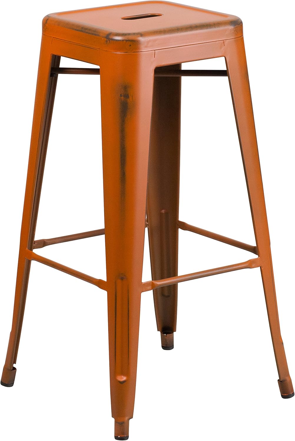 Backless Distressed Orange Metal Barstool for Indoor-Outdoor Use