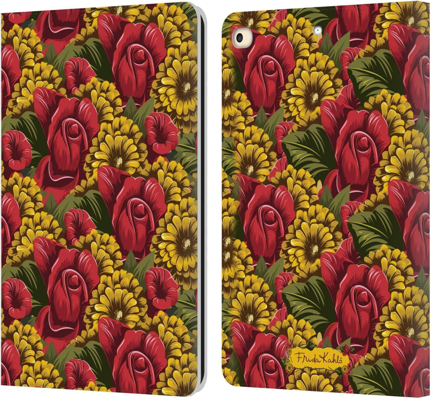 Frida Kahlo Pattern Red Florals Leather Wallet Case for iPad