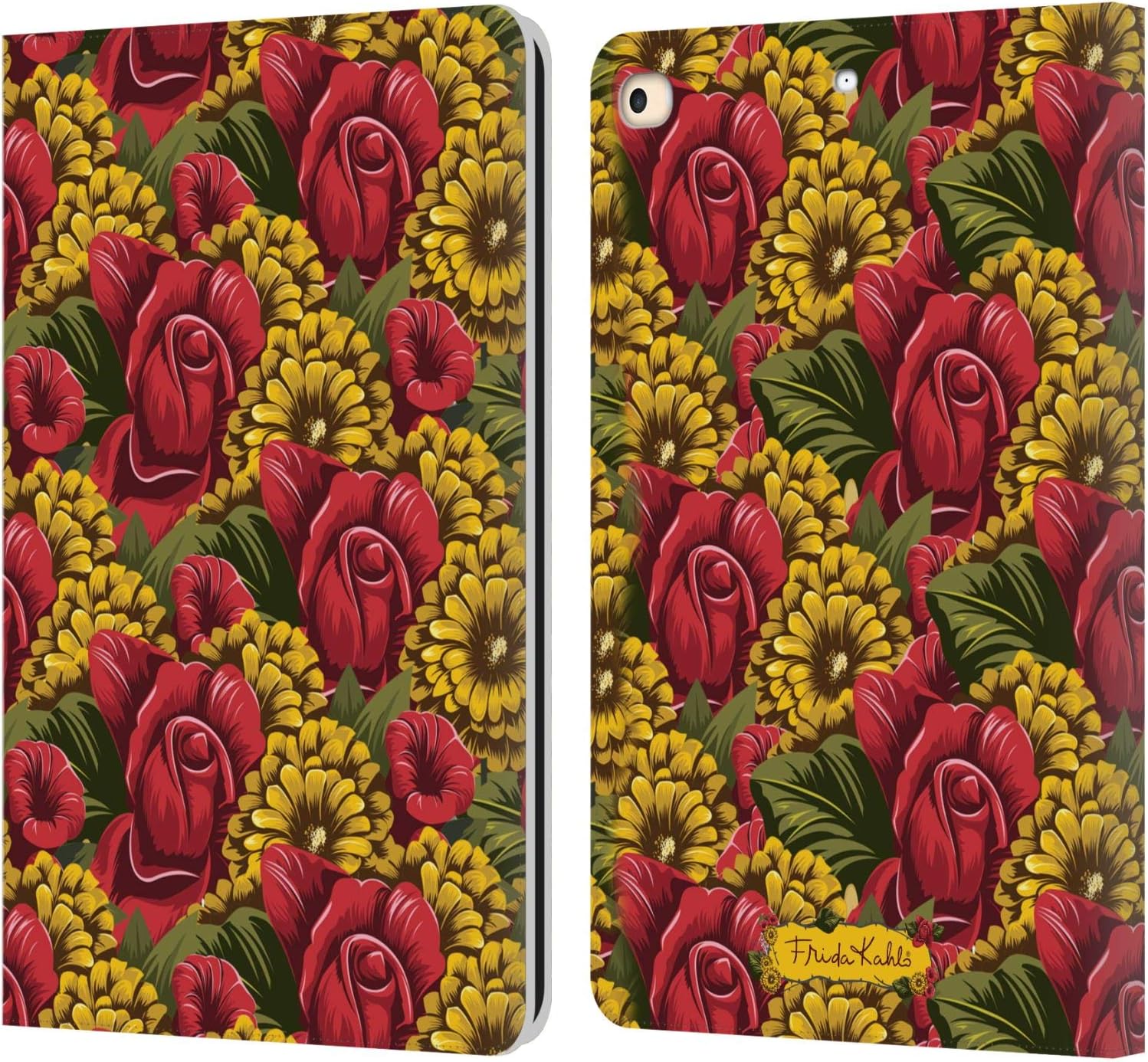 Frida Kahlo Pattern Red Florals Leather Wallet Case for iPad