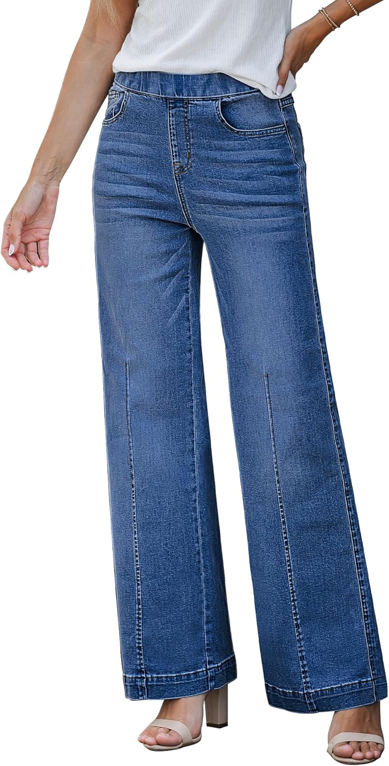 GRAPENT Pull On Womens Jeans Baggy Stretchy High Waisted Denim