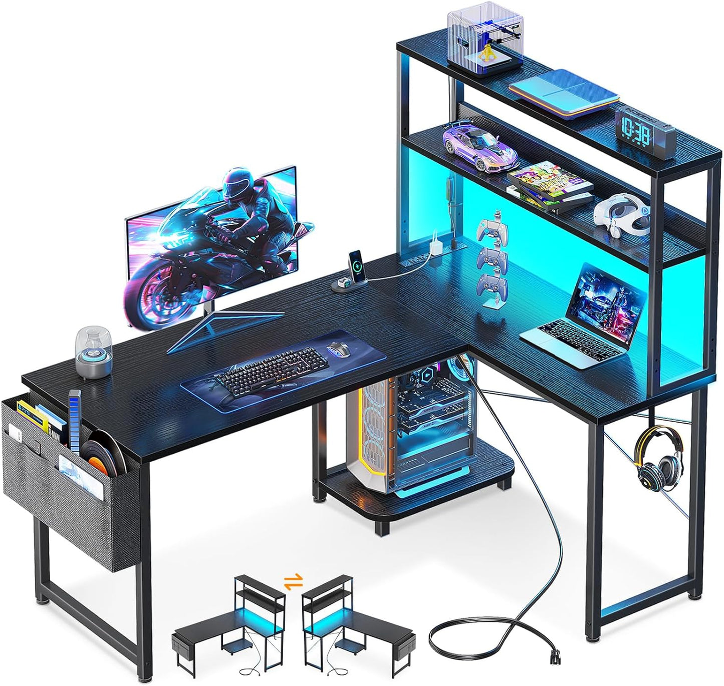 Casaottima Gaming Desk with Power Outlets & LED Lights for Home