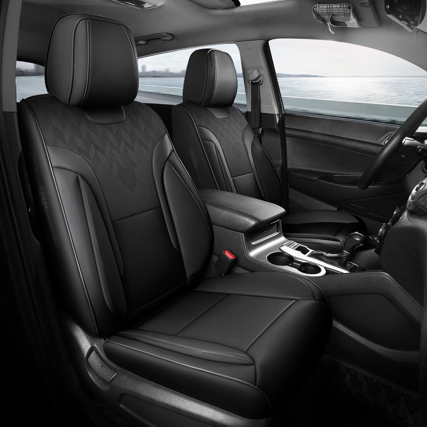 Black Car Seat Covers Full Set - Breathable Faux Leather Comfort