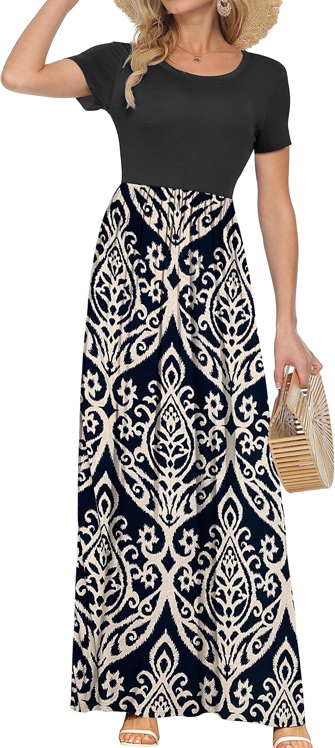 AUSELILY Women's Short Sleeve Casual Maxi Dresses for Summer
