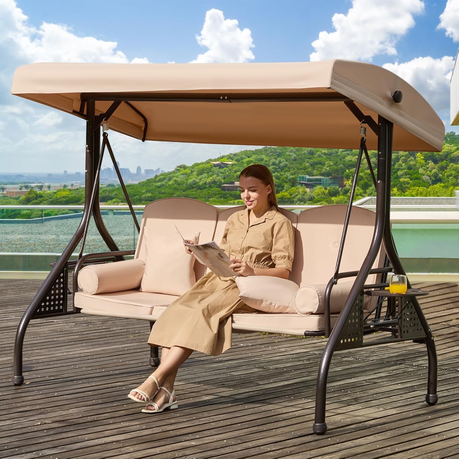 3 in 1 Outdoor Porch Swing with Adjustable Canopy for Comfort