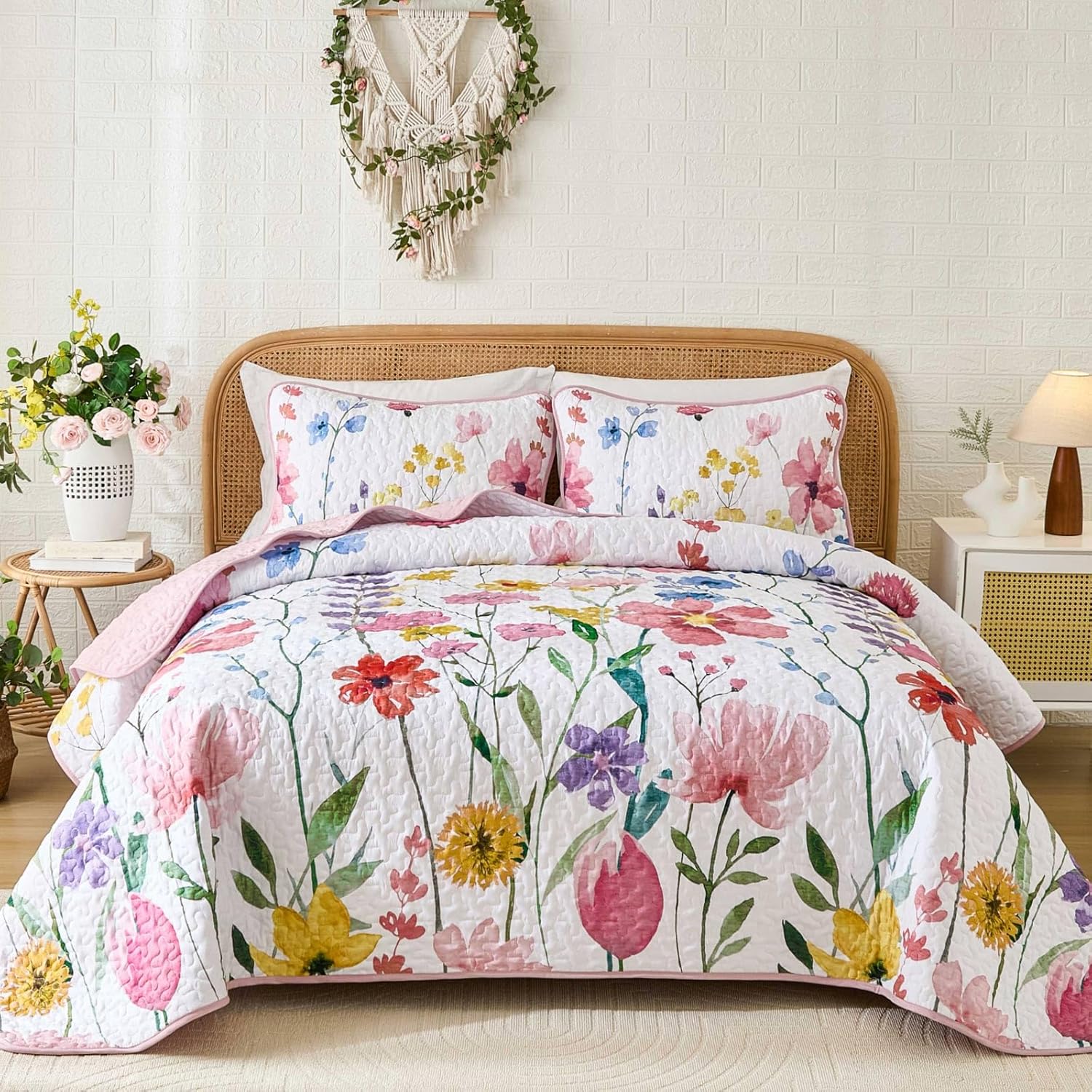 Anibedding Quilt Set Full Size - Reversible Pink Floral Design