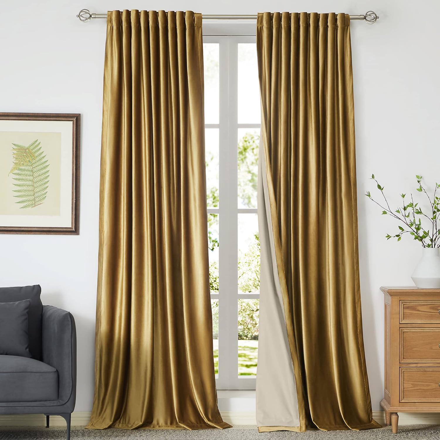 100% Blackout Golden Velvet Curtains for Living Room & Bedroom
