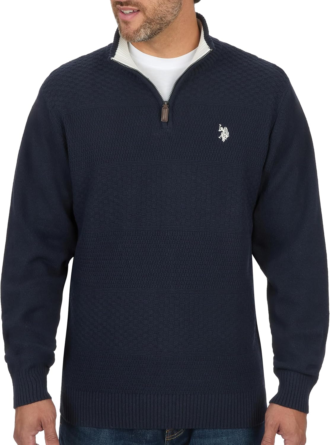 U.S. POLO ASSN. Mens Solid Texture Chest Stripe Pullover Sweater