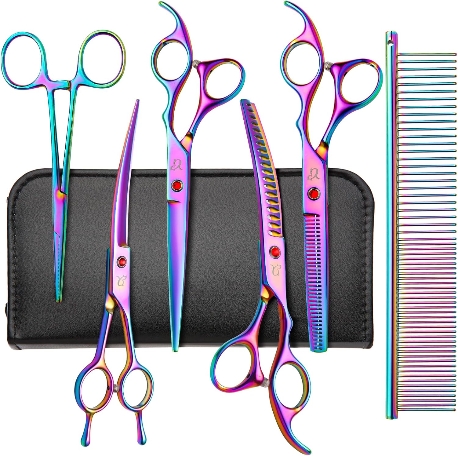 Dog Grooming Scissors Set with Rainbow Curved Chunkers Shears