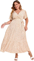 Plus Size V Neck Wrap Maxi Dress for Women with Ruffle Sleeves
