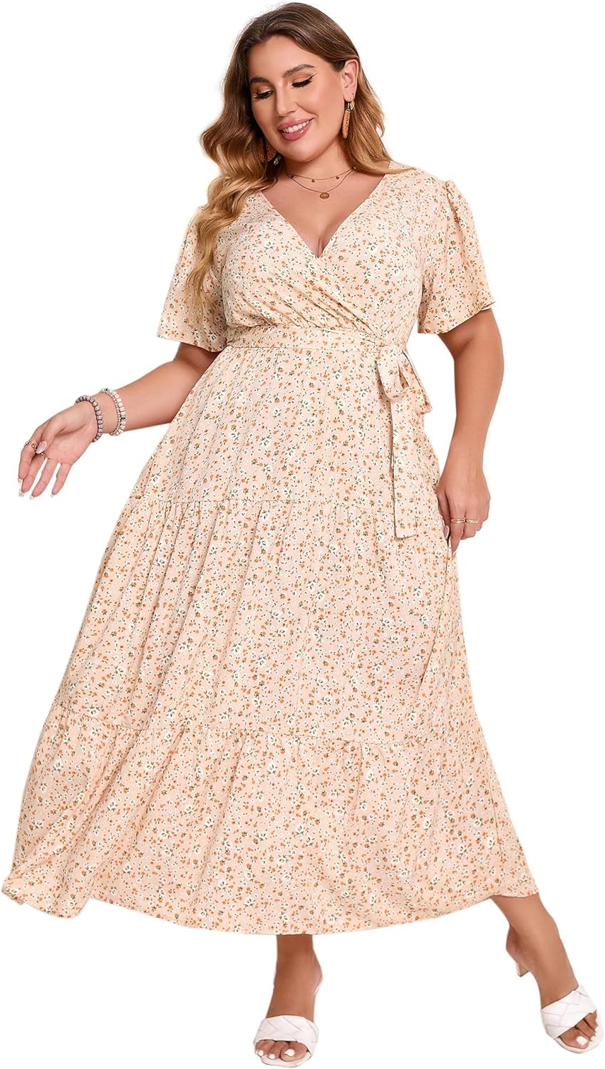 Plus Size V Neck Wrap Maxi Dress for Women with Ruffle Sleeves