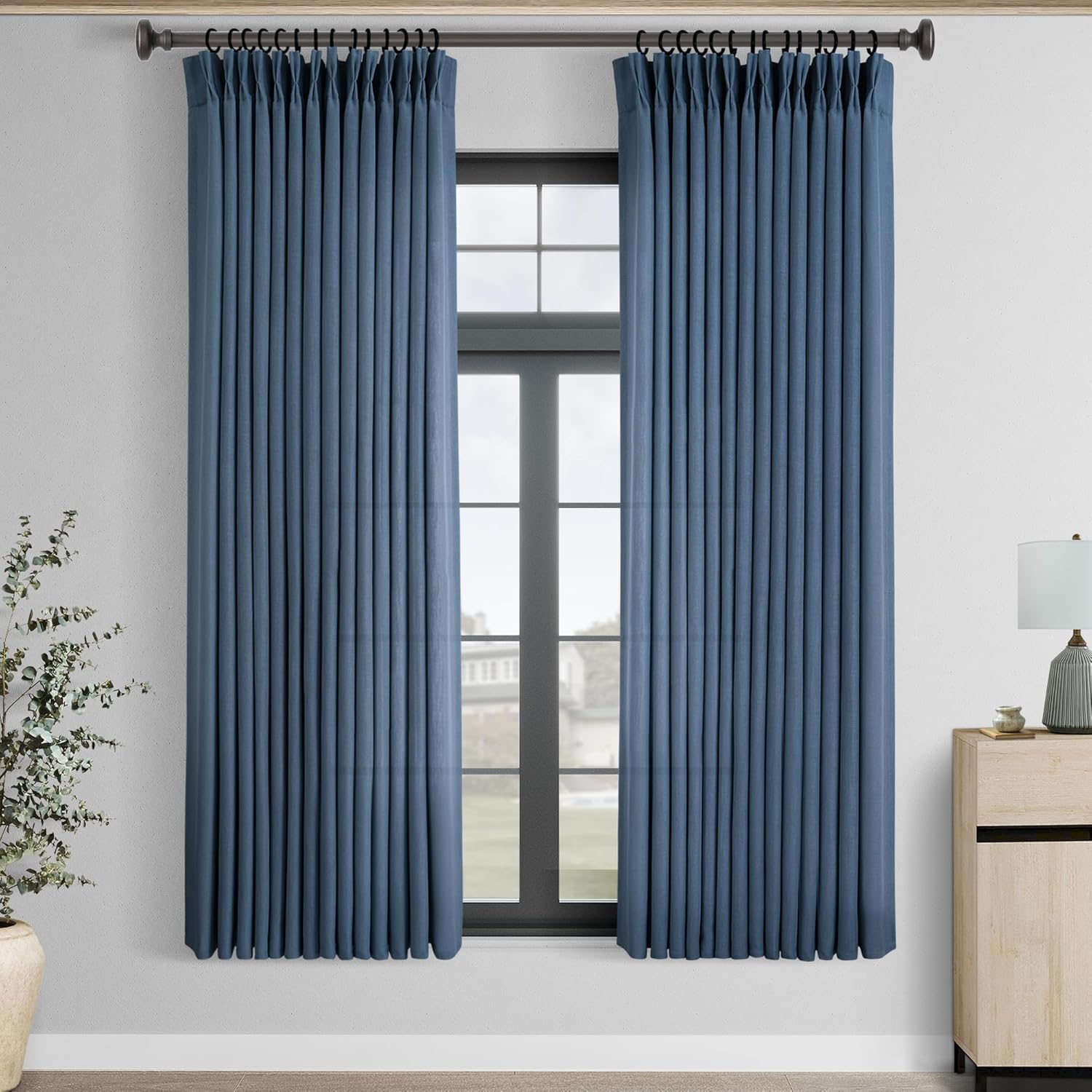 Pinch Pleated Navy Blue Linen Curtains for Living Room 63 in