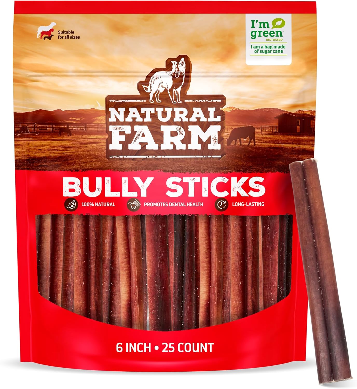 Natural Farm Odor-Free Bully Sticks for Dogs, 6 Inch Chews