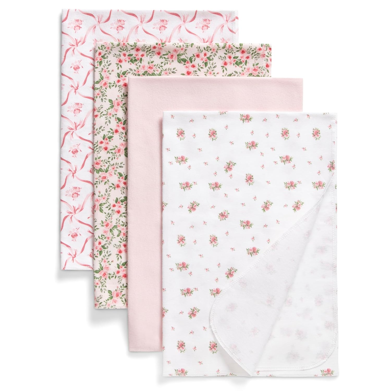 Cozy Pink Floral Baby Blankets, 100% Cotton, Pack of 4 - 30x30 Inches