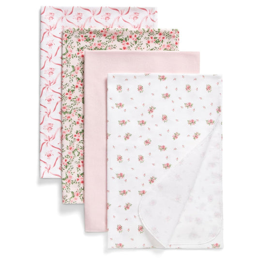 Cozy Pink Floral Baby Blankets, 100% Cotton, Pack of 4 - 30x30 Inches