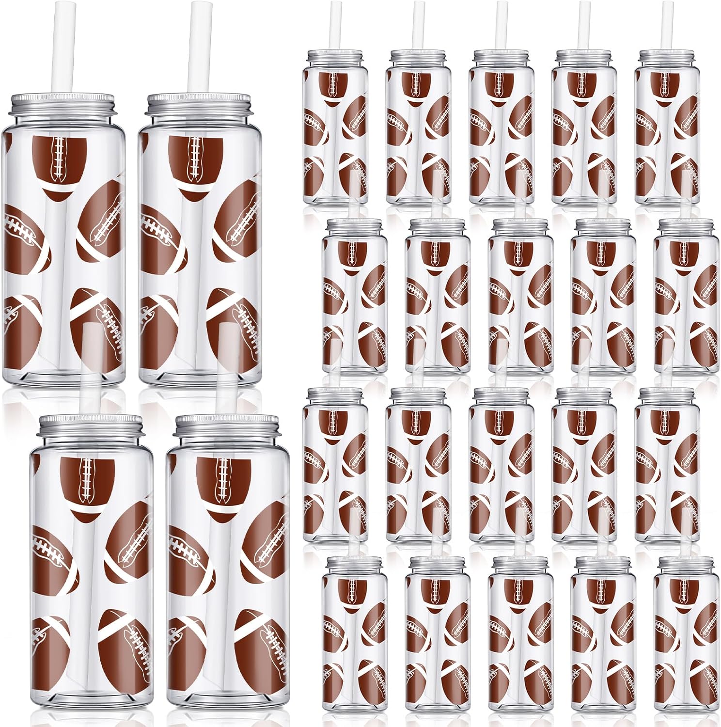 24 Pack 14.2 oz Football Plastic Cups with Lids and Straws
