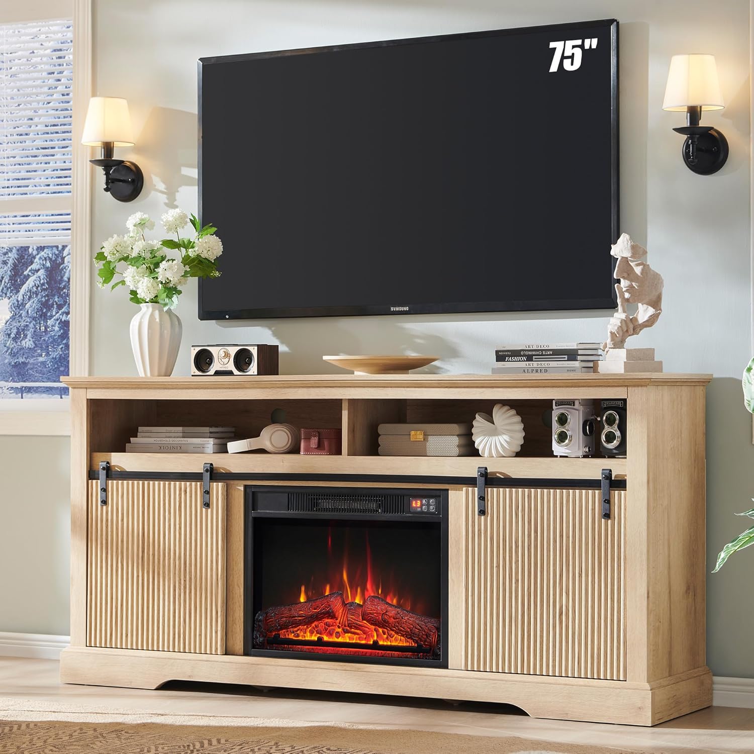 Modern Fluted TV Stand: Sleek, Spacious Media Console (Natural)