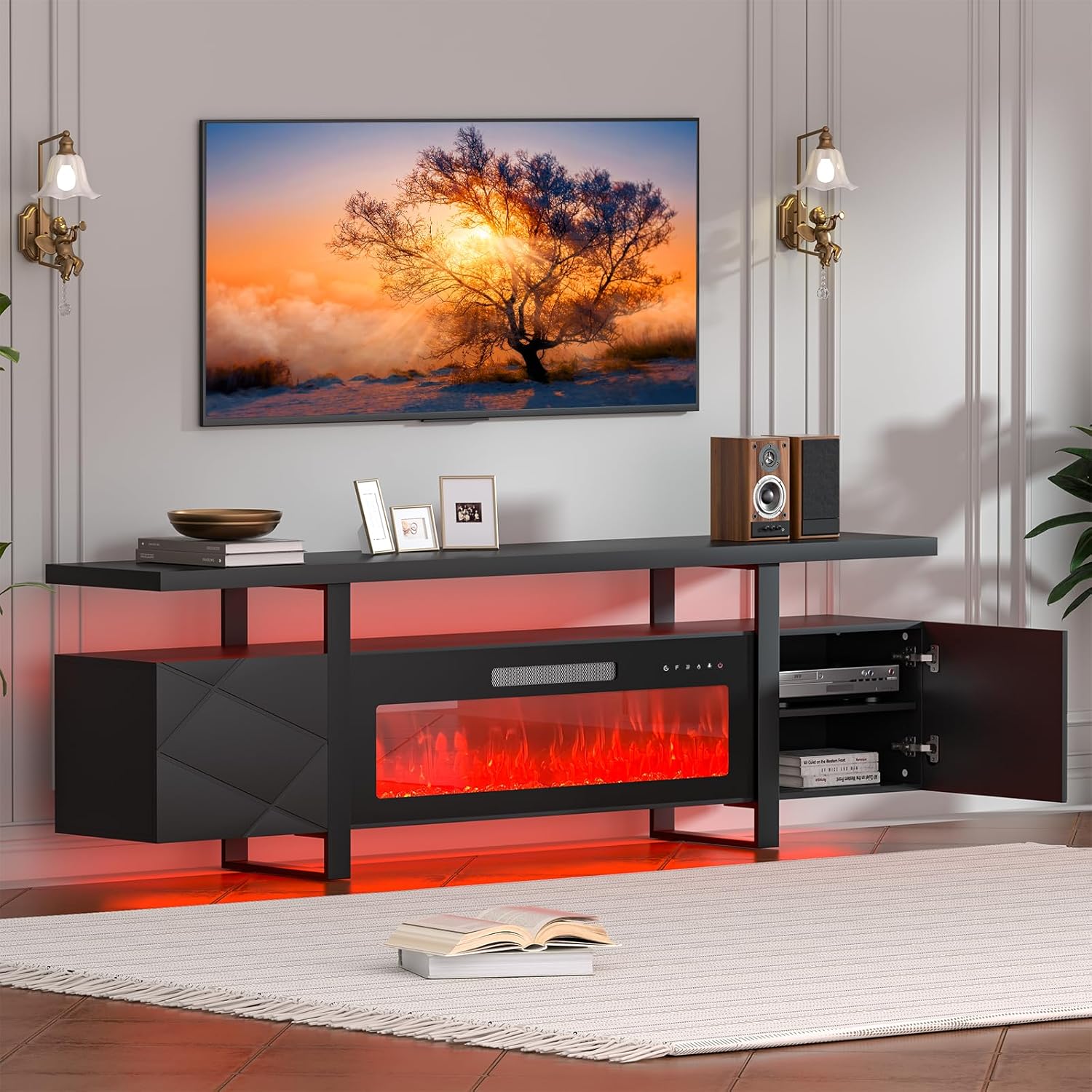 Midnight Black Fireplace TV Stand: Fits TVs up to 80 | Electric Fireplace & Storage | REDAYFUR