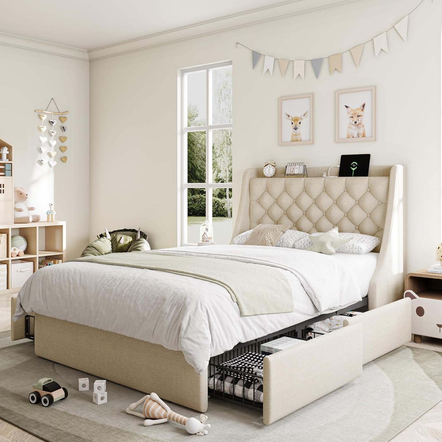 Twin Bed Frame with 4 Storage Drawers and Wingback Headboard