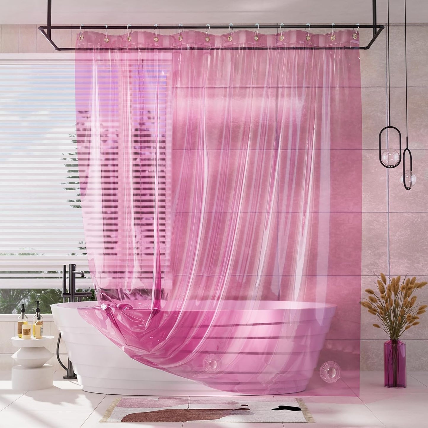AmazerBath 100% EVA Soft Pink Shower Curtain 2-in-1